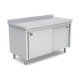 Edelstahl Arbeitstisch, 1400×600×850 mm, mit Schrank, Aufkantung, höhenverstellbar – Produktbild