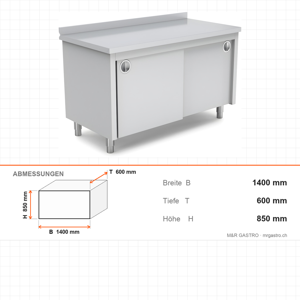 Edelstahl Arbeitstisch, 1400×600×850 mm, mit Schrank, Aufkantung, höhenverstellbar – Abmessungen