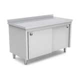 Edelstahl Arbeitstisch, 1600×600×850 mm, mit Schrank, Aufkantung, höhenverstellbar – Produktbild