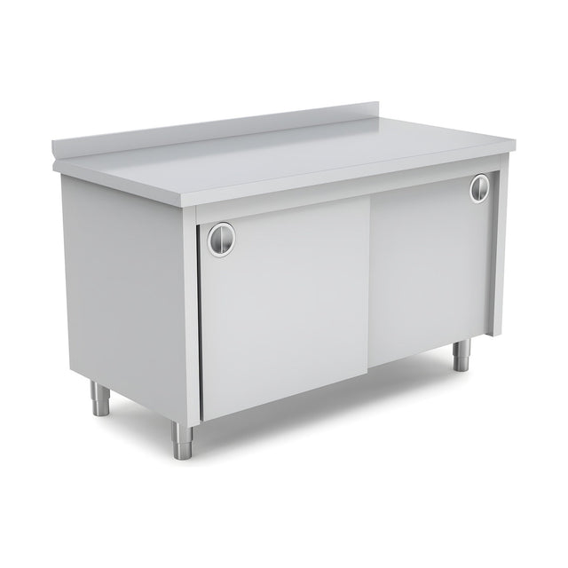 Edelstahl Arbeitstisch, 1600×600×850 mm, mit Schrank, Aufkantung, höhenverstellbar – Produktbild