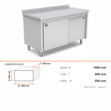 Edelstahl Arbeitstisch, 1800×600×850 mm, mit Schrank, Aufkantung, höhenverstellbar – Abmessungen