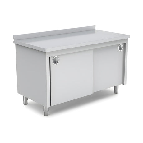 Edelstahl Arbeitstisch, 1600×700×850 mm, mit Schrank, Aufkantung, höhenverstellbar – Produktbild