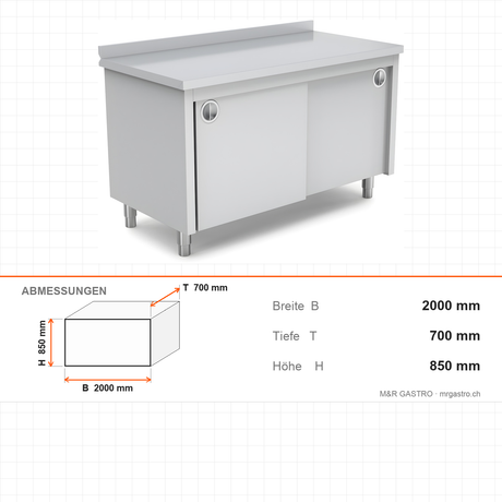 Edelstahl Arbeitstisch, 2000×700×850 mm, mit Schrank, Aufkantung, höhenverstellbar – Abmessungen