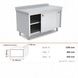 Edelstahl Arbeitstisch, 1200×600×850 mm, mit Zwischenboden, Aufkantung, höhenverstellbar – Abmessungen