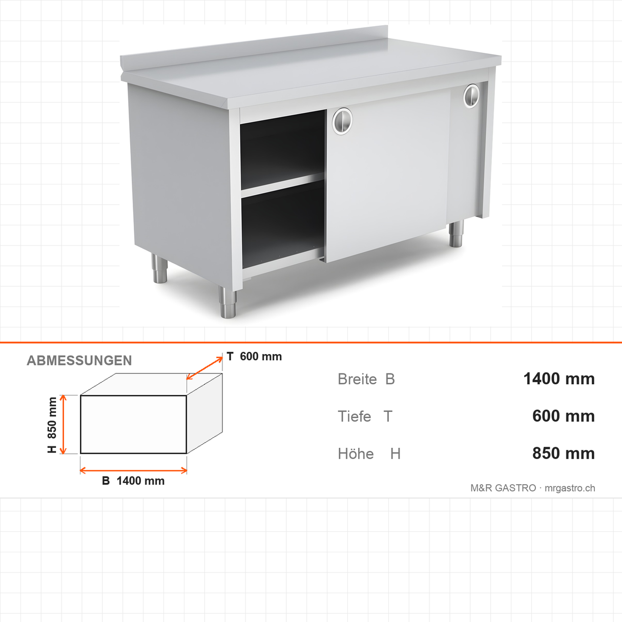 Edelstahl Arbeitstisch, mit Zwischengestell, mit Rückwand, höhenverstellbare Füße, 1400×600×850 mm – Abmessungen