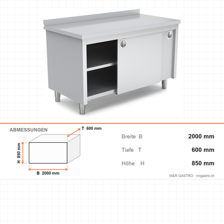 Edelstahl Arbeitstisch, 2000×600×850 mm, mit Zwischenboden, Aufkantung, höhenverstellbar – Abmessungen