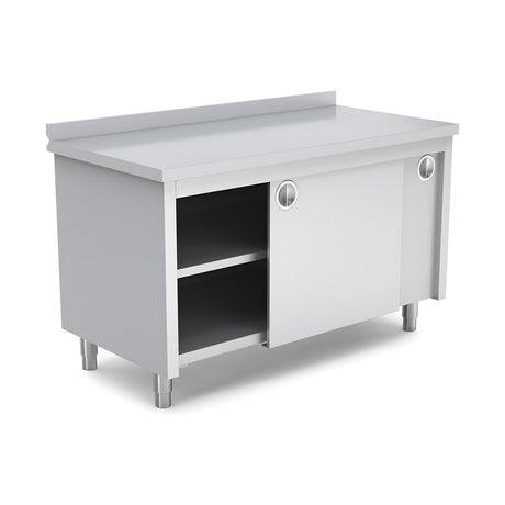 Edelstahl Arbeitstisch, 1400×700×850 mm, mit Zwischenboden, Aufkantung, höhenverstellbar – Produktbild