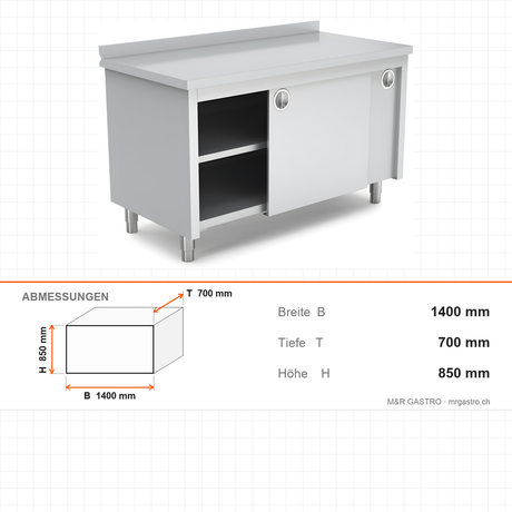 Edelstahl Arbeitstisch, 1400×700×850 mm, mit Zwischenboden, Aufkantung, höhenverstellbar – Abmessungen