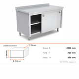 Edelstahl Arbeitstisch, 2000×700×850 mm, mit Zwischenboden, Aufkantung, höhenverstellbar – Abmessungen