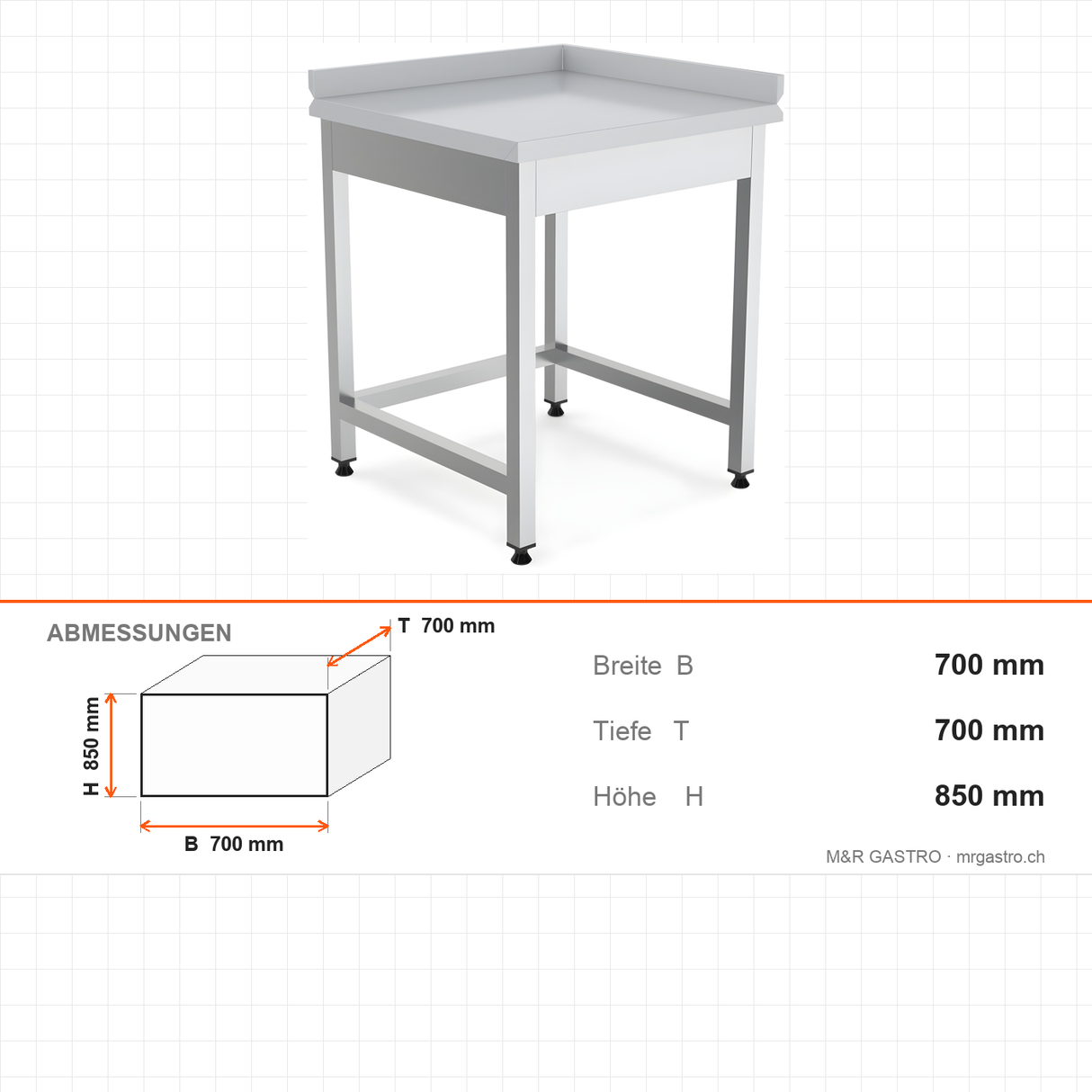 Edelstahl Arbeitstisch Ecke, 700×700×850 mm, links, höhenverstellbar – Abmessungen