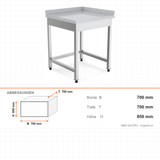 Edelstahl Arbeitsplatte Ecke, 700×700×850 mm, rechts, höhenverstellbar – Abmessungen
