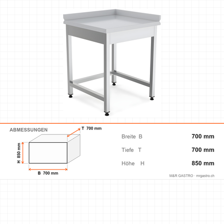Edelstahl Arbeitsplatte Ecke, 700×700×850 mm, rechts, höhenverstellbar – Abmessungen