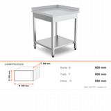 Edelstahl Eck-Arbeitstisch, mit Zwischenboden, links, 600×600×850 mm – Abmessungen