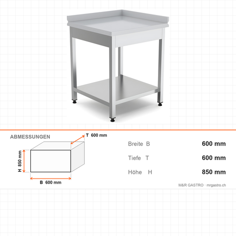 Edelstahl Eck-Arbeitstisch, mit Zwischenboden, links, 600×600×850 mm – Abmessungen
