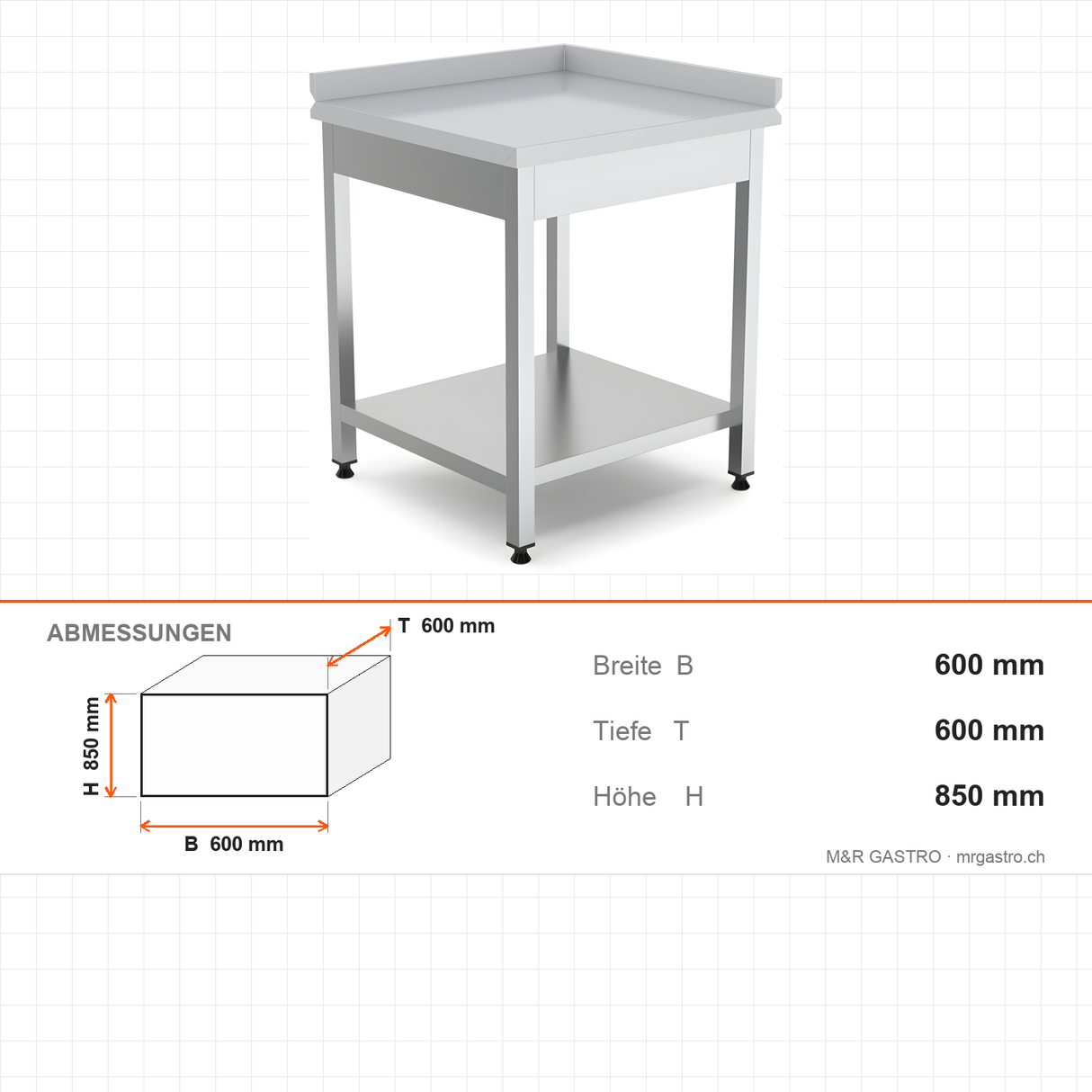 Edelstahl Eck-Arbeitstisch, mit Zwischenboden, rechts, 600×600×850 mm – Abmessungen