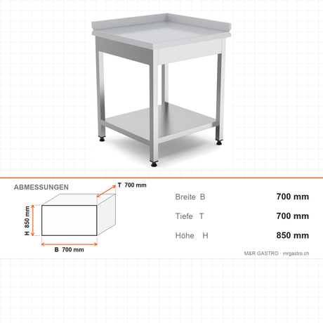 Edelstahl Eck-Arbeitstisch, mit Zwischenboden, links, 700×700×850 mm – Abmessungen