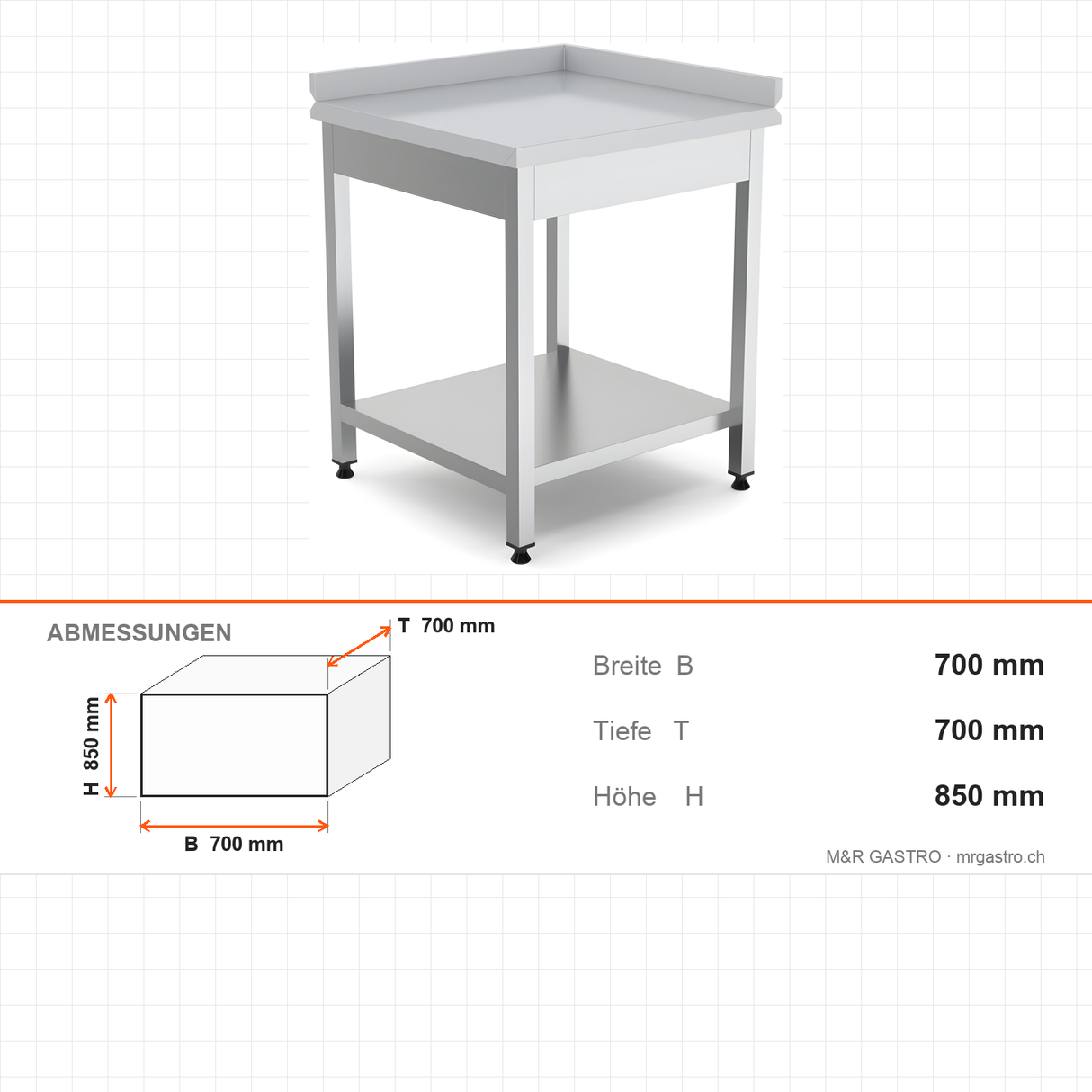 Edelstahl Eck-Arbeitstisch, mit Zwischenboden, rechts, 700×700×850 mm – Abmessungen