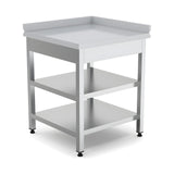 Edelstahl Eck-Arbeitstisch, mit Zwischenboden, links, 700×700×850 mm – Produktbild