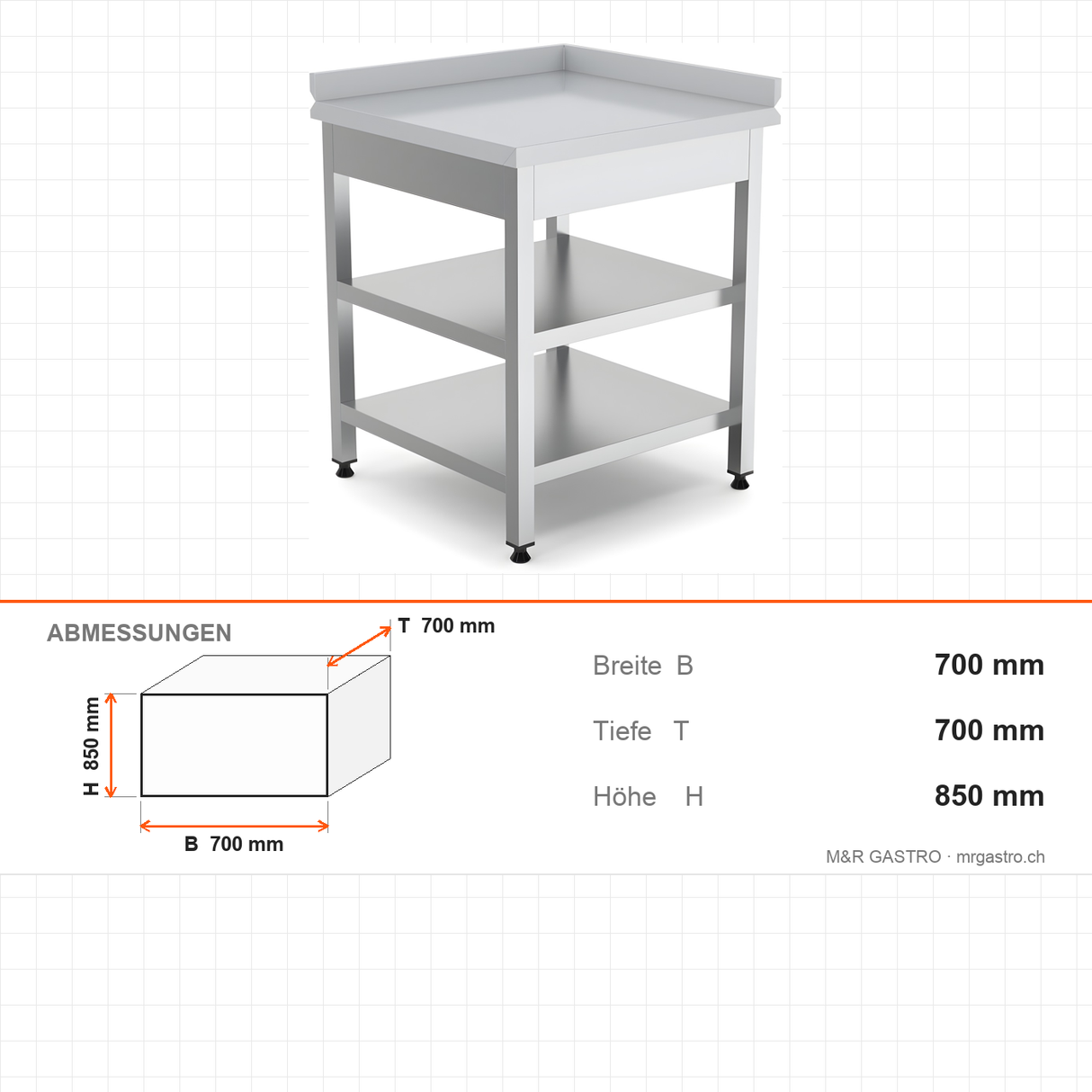 Edelstahl Eck-Arbeitstisch, mit Zwischenboden, links, 700×700×850 mm – Abmessungen