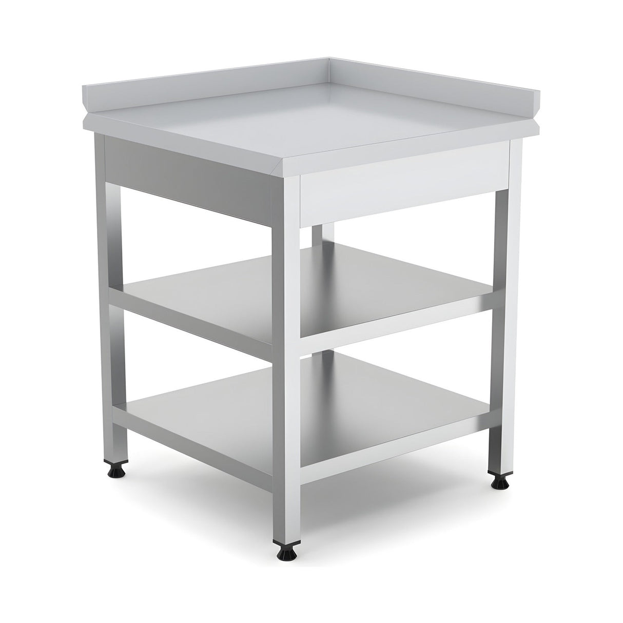 Edelstahl Eck-Arbeitstisch, mit Zwischenboden, rechts, 700×700×850 mm – Produktbild