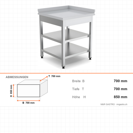 Edelstahl Eck-Arbeitstisch, mit Zwischenboden, rechts, 700×700×850 mm – Abmessungen
