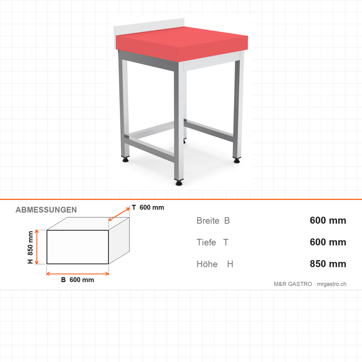 Polyethylen-Arbeitsplatte weiß, 10 cm stark, 600×600×850 mm – Abmessungen