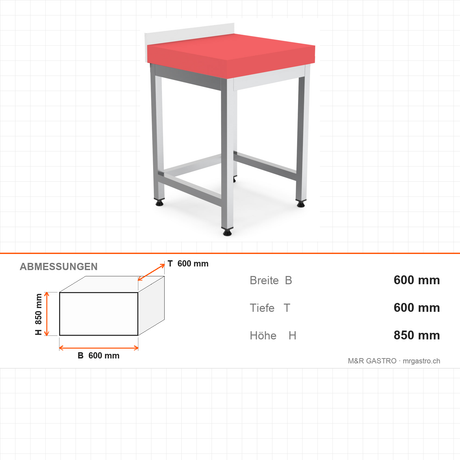 Polyethylen-Arbeitsplatte weiß, 10 cm stark, 600×600×850 mm – Abmessungen