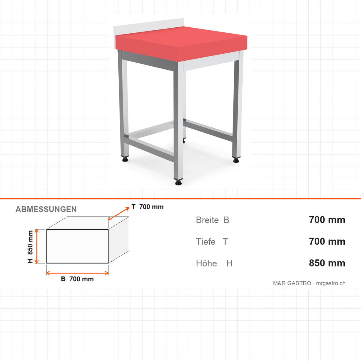 Edelstahl Arbeitstisch, 700×700×850 mm, Polyethylen-Arbeitsplatte 10 cm, höhenverstellbar – Abmessungen