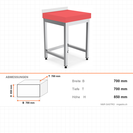 Edelstahl Arbeitstisch, 700×700×850 mm, Polyethylen-Arbeitsplatte 10 cm, höhenverstellbar – Abmessungen