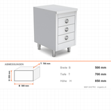 Edelstahl Arbeitstisch, 500×700×850 mm, mit Schubladen, Aufkantung, höhenverstellbar – Abmessungen