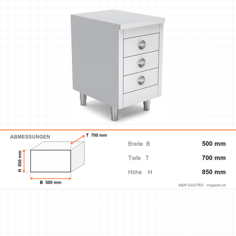 Edelstahl Arbeitstisch, 500×700×850 mm, mit Schubladen, Aufkantung, höhenverstellbar – Abmessungen