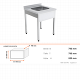 Spültisch, 1 Becken, 700×700×850 mm, mit Aufkantung – Abmessungen