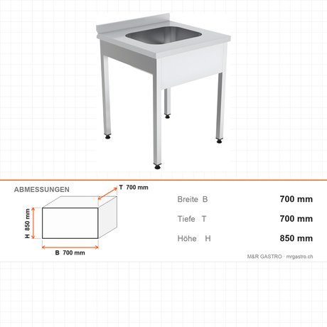 Spültisch, 1 Becken, 700×700×850 mm, mit Aufkantung – Abmessungen