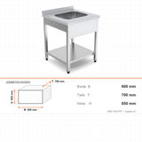 Spültisch, 1 Becken, 600×700×850 mm, mit Grundboden, mit Aufkantung – Abmessungen