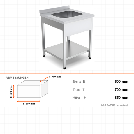 Spültisch, 1 Becken, 600×700×850 mm, mit Grundboden, mit Aufkantung – Abmessungen