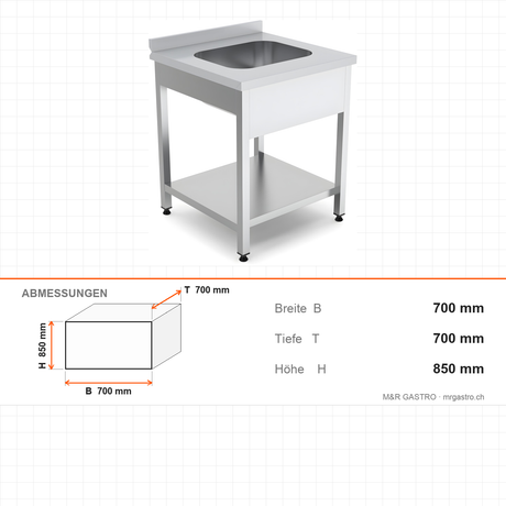 Spültisch, 1 Becken, mit Grundboden, 700×700×850 mm, Edelstahl – Abmessungen