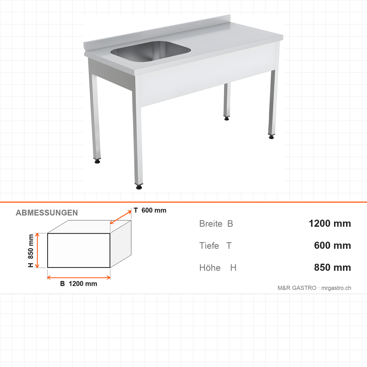 Spültisch, 1 Becken rechts, 1200×600×850 mm, mit Aufkantung – Abmessungen