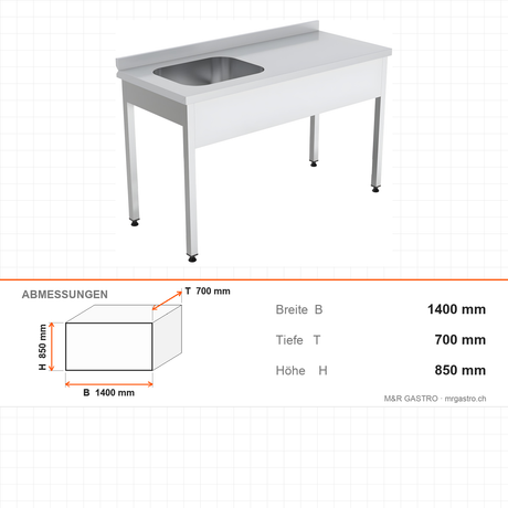 Spültisch, 1 Becken rechts, 1400×700×850 mm, mit Aufkantung – Abmessungen