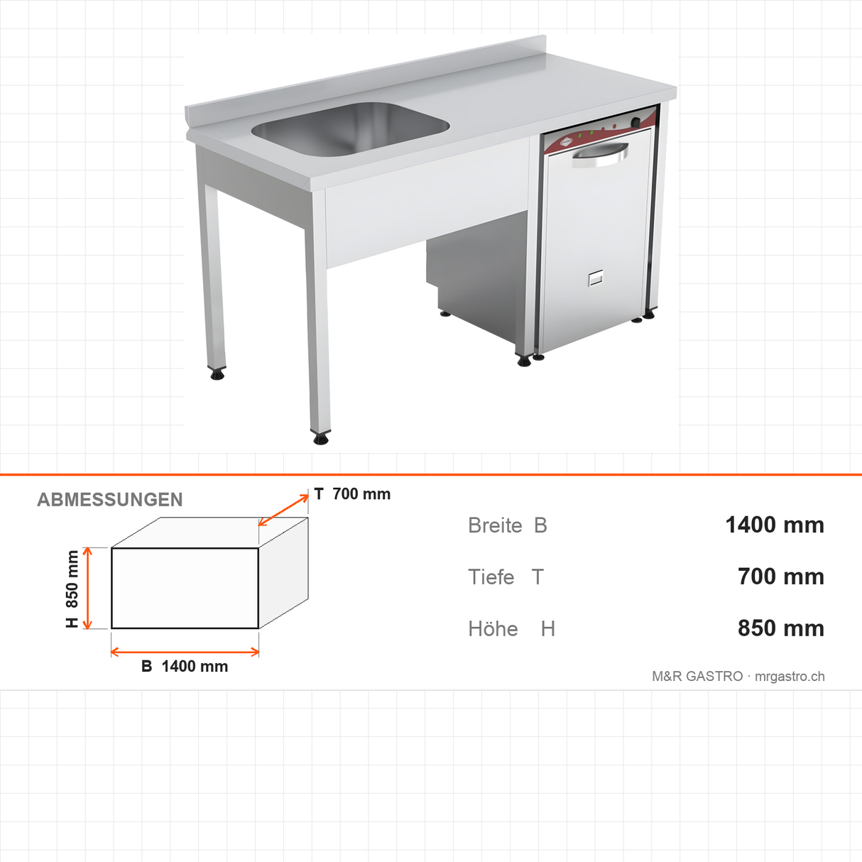Spültisch, 1 Becken rechts, 1400×700×850 mm, mit Aufkantung – Abmessungen