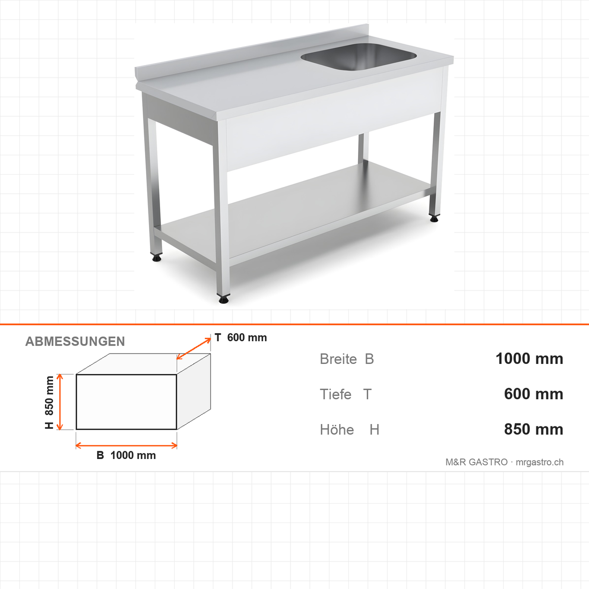 Spültisch, 1 Becken rechts, 1000×600×850 mm, mit Grundboden, mit Aufkantung – Abmessungen