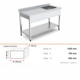 Spültisch, 1 Becken links, 1200×700×850 mm, mit Grundboden, mit Aufkantung – Abmessungen