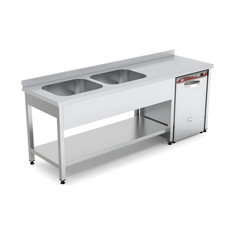 Spültisch, 2 Becken rechts, 1600×700×850 mm, mit Grundboden, mit Aufkantung – Produktbild