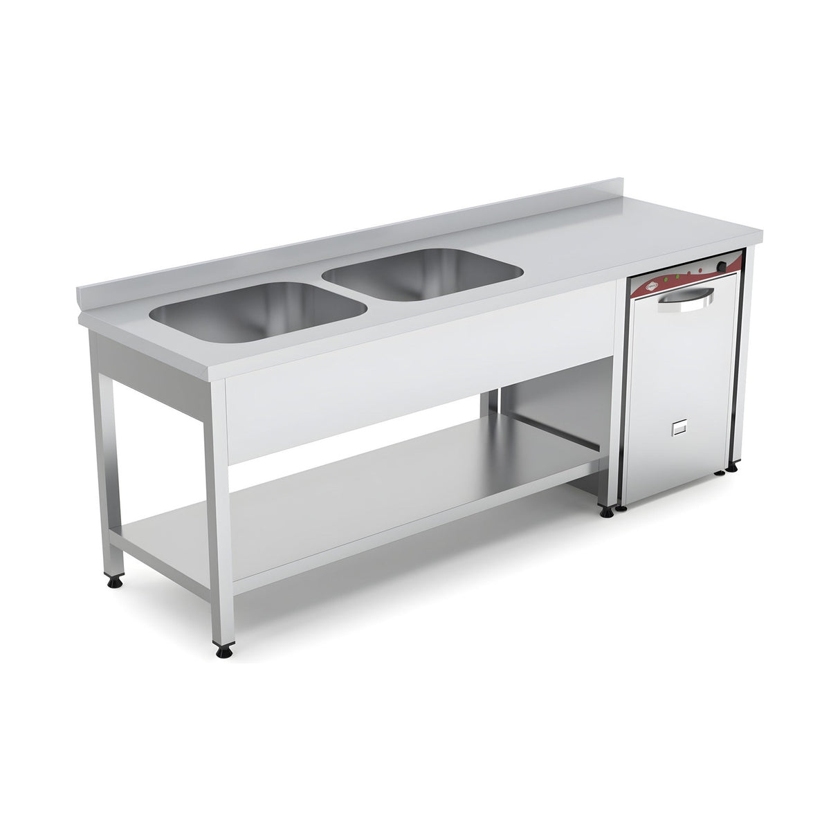 Spültisch, 2 Becken links, mit Grundboden, 1600×700×850 mm, Edelstahl – Produktbild