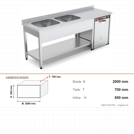 Spültisch, 2 Becken rechts, 2000×700×850 mm, mit Grundboden, mit Aufkantung – Abmessungen