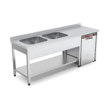Spültisch, 2 Becken links, mit Grundboden, 2000×700×850 mm, Edelstahl – Produktbild