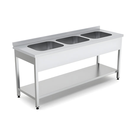 Spültisch, 3 Becken, 1800×700×850 mm, mit Grundboden, mit Aufkantung – Produktbild