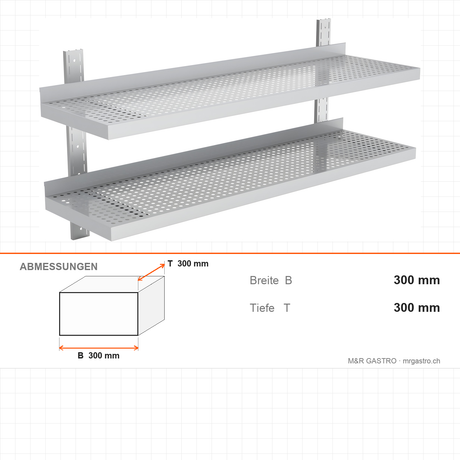 Wandregal, 2 Ebenen, 2000×300 mm, platzsparende Wandablage – Abmessungen