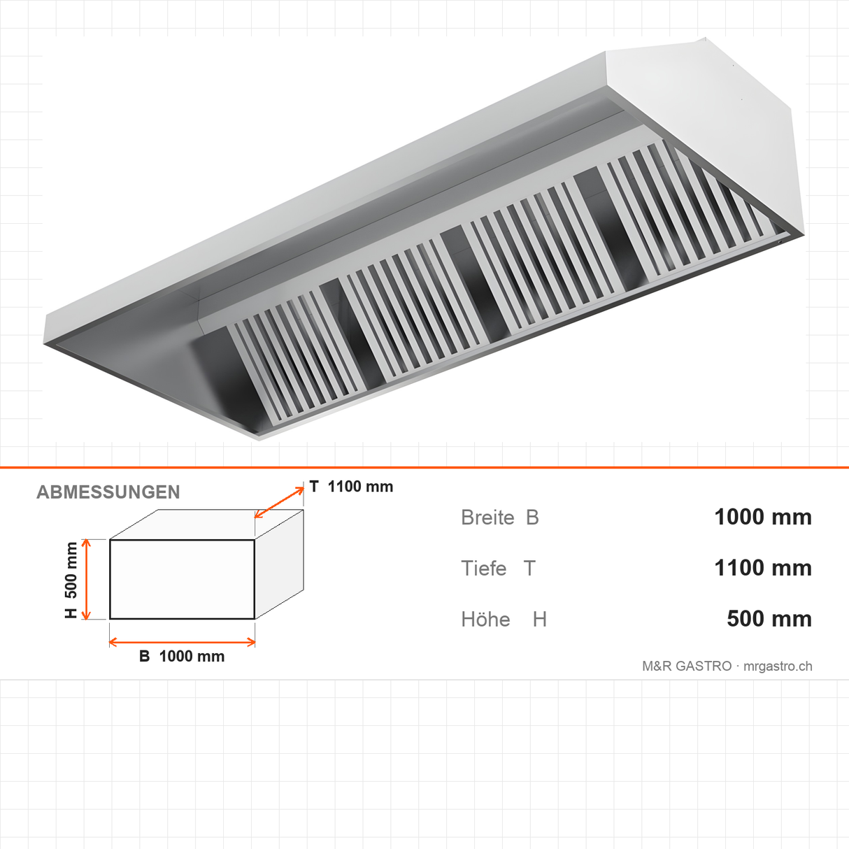 Dunstabzugshaube Wand, 1 Filter, nicht Box-Form, Edelstahl, 1000×1100×500 mm – Abmessungen
