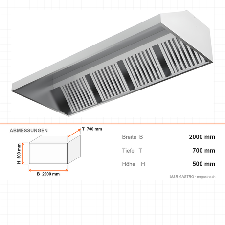 Dunstabzugshaube Wand, 3 Filter, nicht Box-Form, Edelstahl, 2000×700×500 mm – Abmessungen