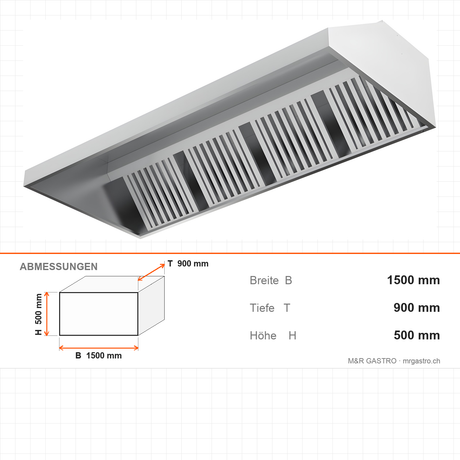 Dunstabzugshaube Wand, 2 Filter, nicht Box-Form, Edelstahl, 1500×900×500 mm – Abmessungen